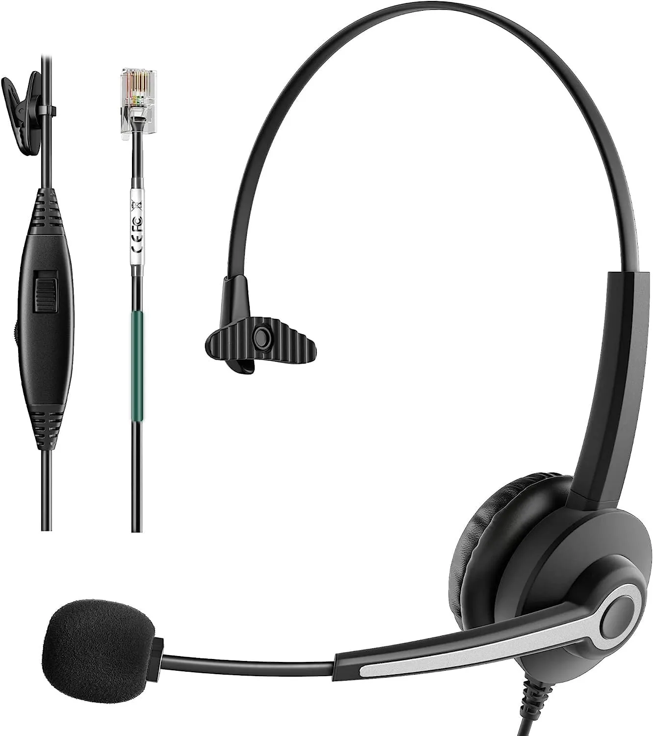 Wantek Phone Headset for Call Center - RJ9 Compatible with ShoreTel, Plantronics, Polycom, Zultys, Toshiba, Avaya, Digium, Nortel Office Phones - Mono