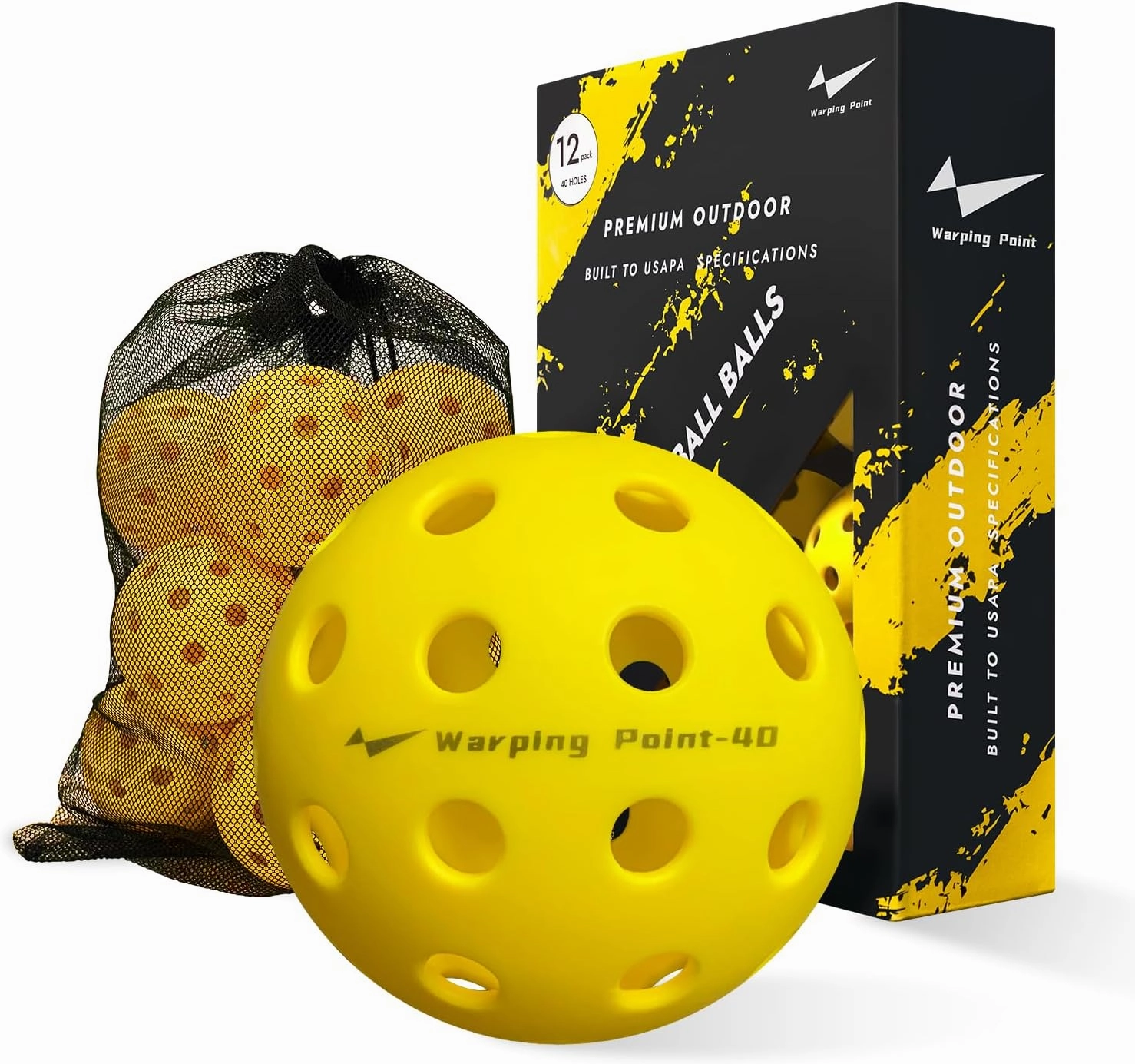 Warping Point Outdoor Pickleball Ball | 40 Holes | 4 Pack, 12 Pack | Meet USAPA Specifications | High Bounce Durable Practice Pickle Ball with Mesh Bag for Beginner Intermediate Player | Yellow, Green