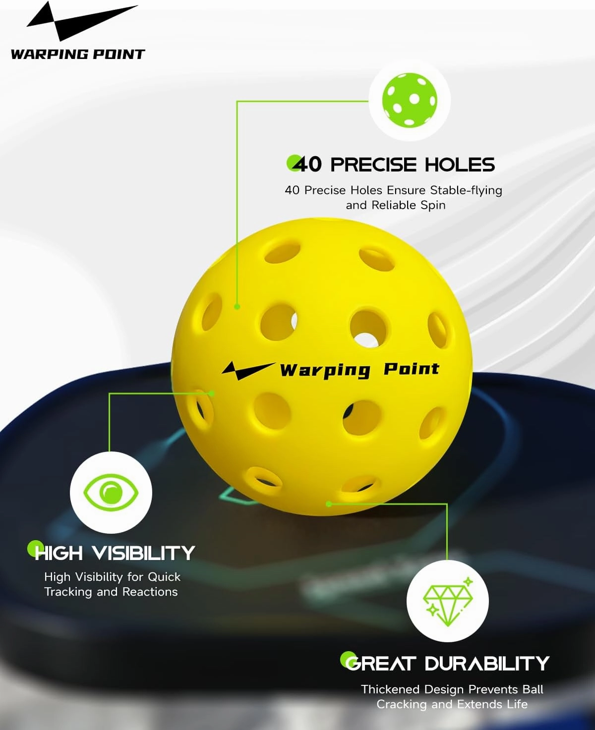Warping Point Outdoor Pickleball Ball | 40 Holes | 4 Pack, 12 Pack | Meet USAPA Specifications | High Bounce Durable Practice Pickle Ball with Mesh Bag for Beginner Intermediate Player | Yellow, Green