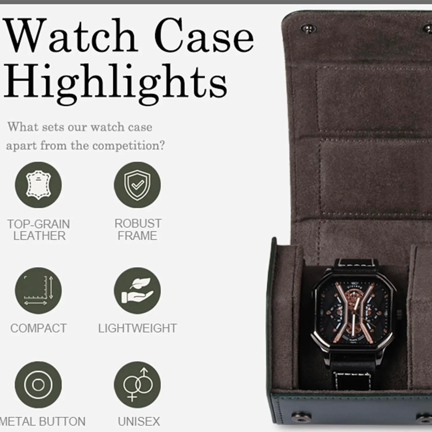 Watch Travel Case for Men: 3 Slot Watch Box Organizer Display Case - Portable Watch Storage & Travel Case - Watch Roll Fits All Wrist Watches & Smart Watches Up to 50mm