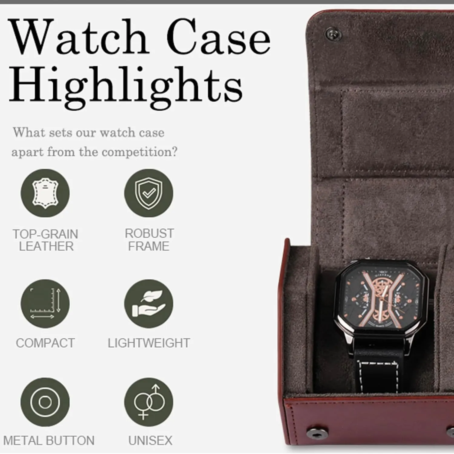 Watch Travel Case Portable Organizer - Luxury Watch Roll Travel Box Recycled Leather Watch Storage and Display for Men and Women