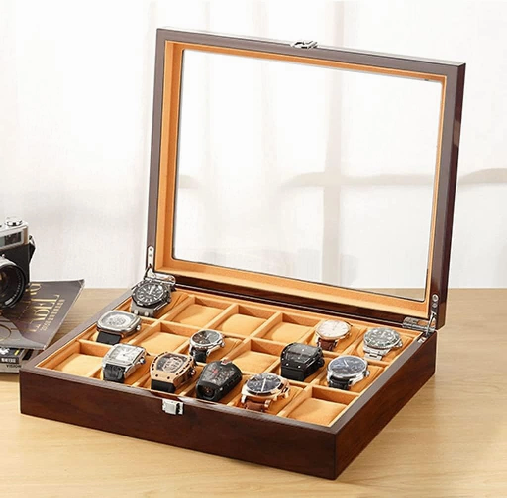 Watch Box Single For Men And Women Wooden Watch Box With Transparent Glass Top Cover 18-piece Watch Storage Box Lockable Jewelry Case Luxury Watch Case Display Organizer(Color:A)