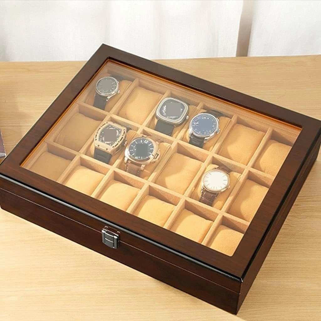 Watch Box Single For Men And Women Wooden Watch Box With Transparent Glass Top Cover 18-piece Watch Storage Box Lockable Jewelry Case Luxury Watch Case Display Organizer(Color:A)