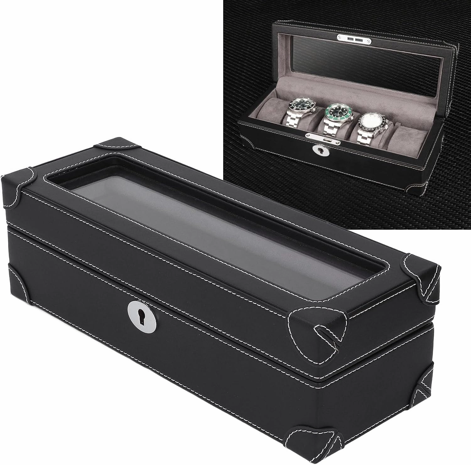 Watch Box with Glass Window Microfiber Leather Exquisite Soft Plush Lining 5 Slot Watch Case for Mechanical Watch (Black)