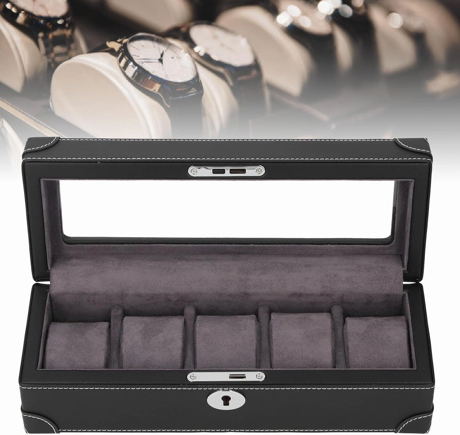 Watch Box with Glass Window Microfiber Leather Exquisite Soft Plush Lining 5 Slot Watch Case for Mechanical Watch (Black)