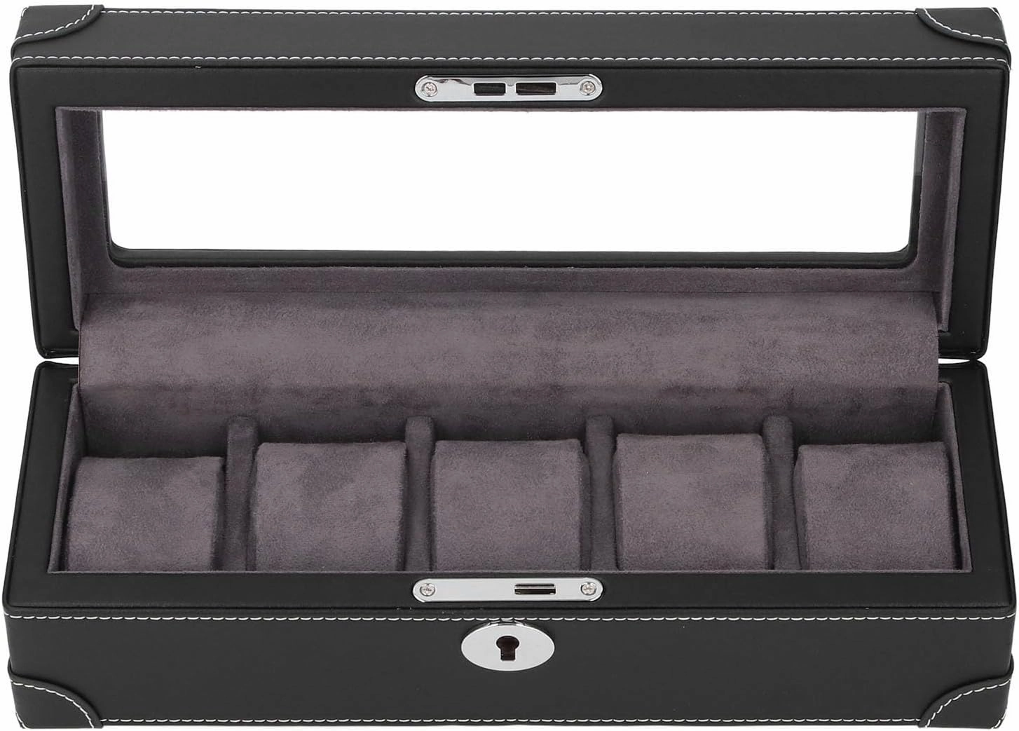 Watch Box with Glass Window Microfiber Leather Exquisite Soft Plush Lining 5 Slot Watch Case for Mechanical Watch (Black)