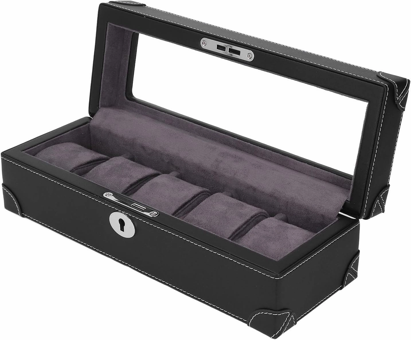 Watch Box with Glass Window Microfiber Leather Exquisite Soft Plush Lining 5 Slot Watch Case for Mechanical Watch (Black)