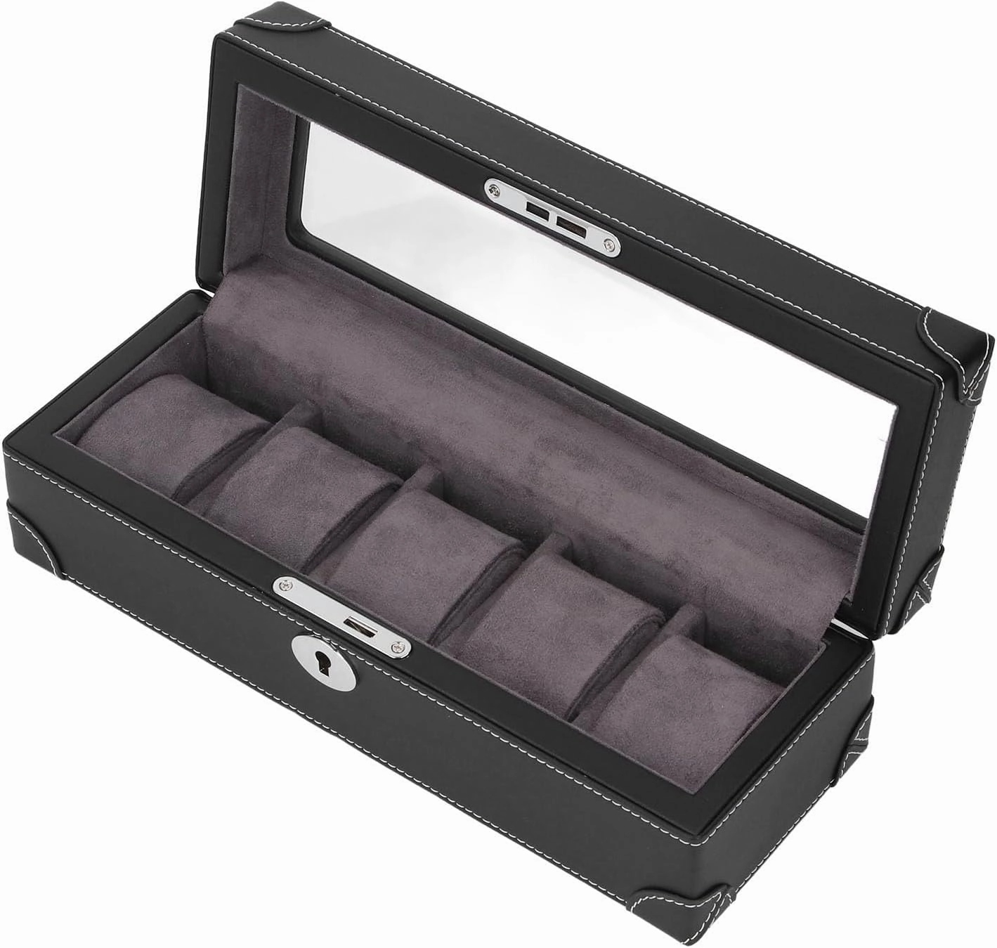Watch Box with Glass Window Microfiber Leather Exquisite Soft Plush Lining 5 Slot Watch Case for Mechanical Watch (Black)