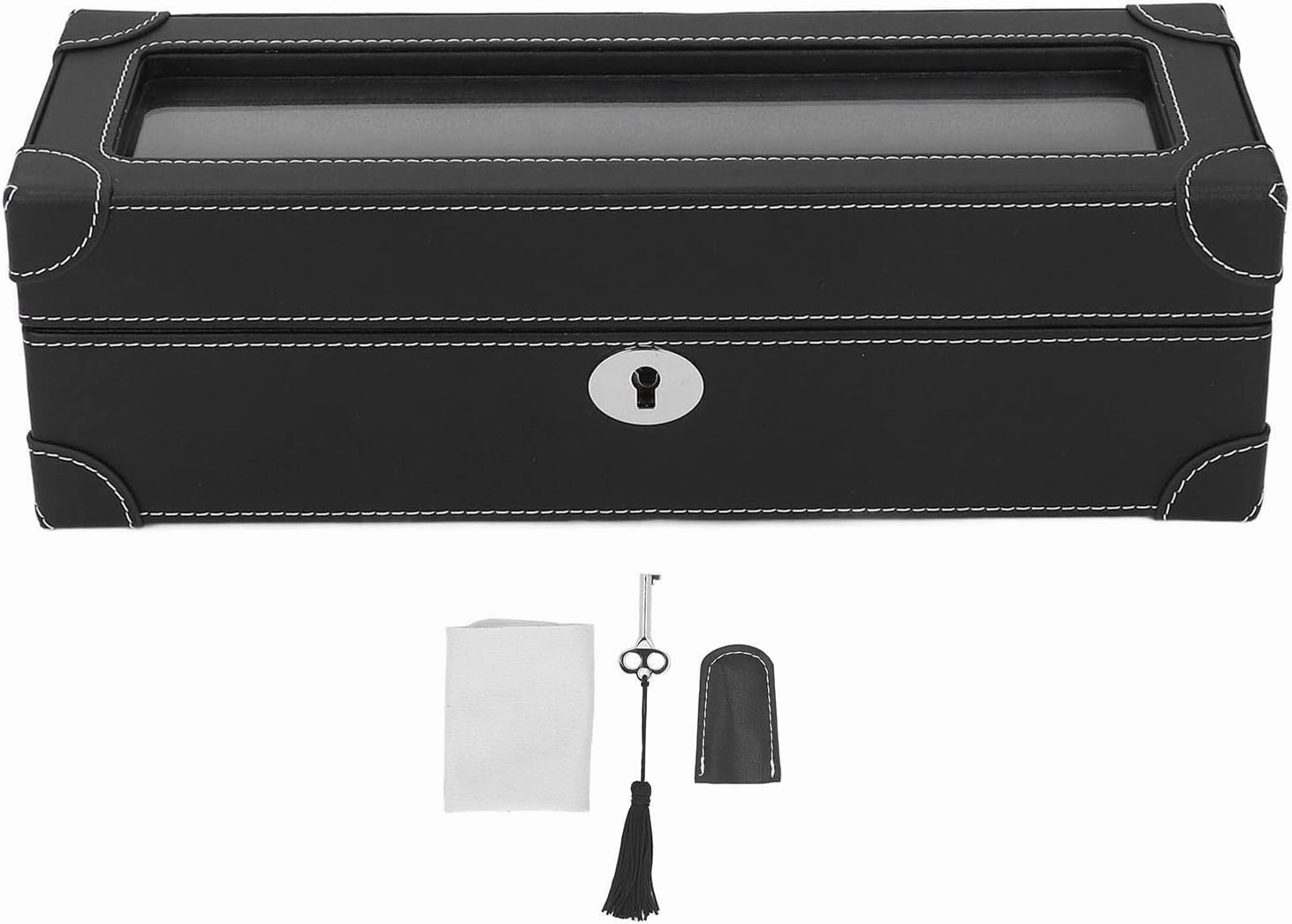 Watch Box with Glass Window Microfiber Leather Exquisite Soft Plush Lining 5 Slot Watch Case for Mechanical Watch (Black)