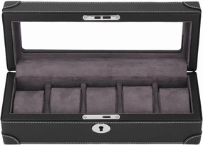 Watch Box with Glass Window Microfiber Leather Exquisite Soft Plush Lining 5 Slot Watch Case for Mechanical Watch (Black)