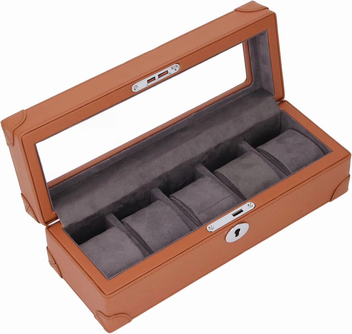 Watch Box with Glass Window Microfiber Leather Exquisite Soft Plush Lining 5 Slot Watch Case for Mechanical Watch (Brown)