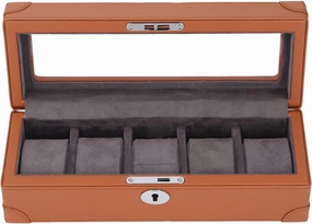 Watch Box with Glass Window Microfiber Leather Exquisite Soft Plush Lining 5 Slot Watch Case for Mechanical Watch (Brown)