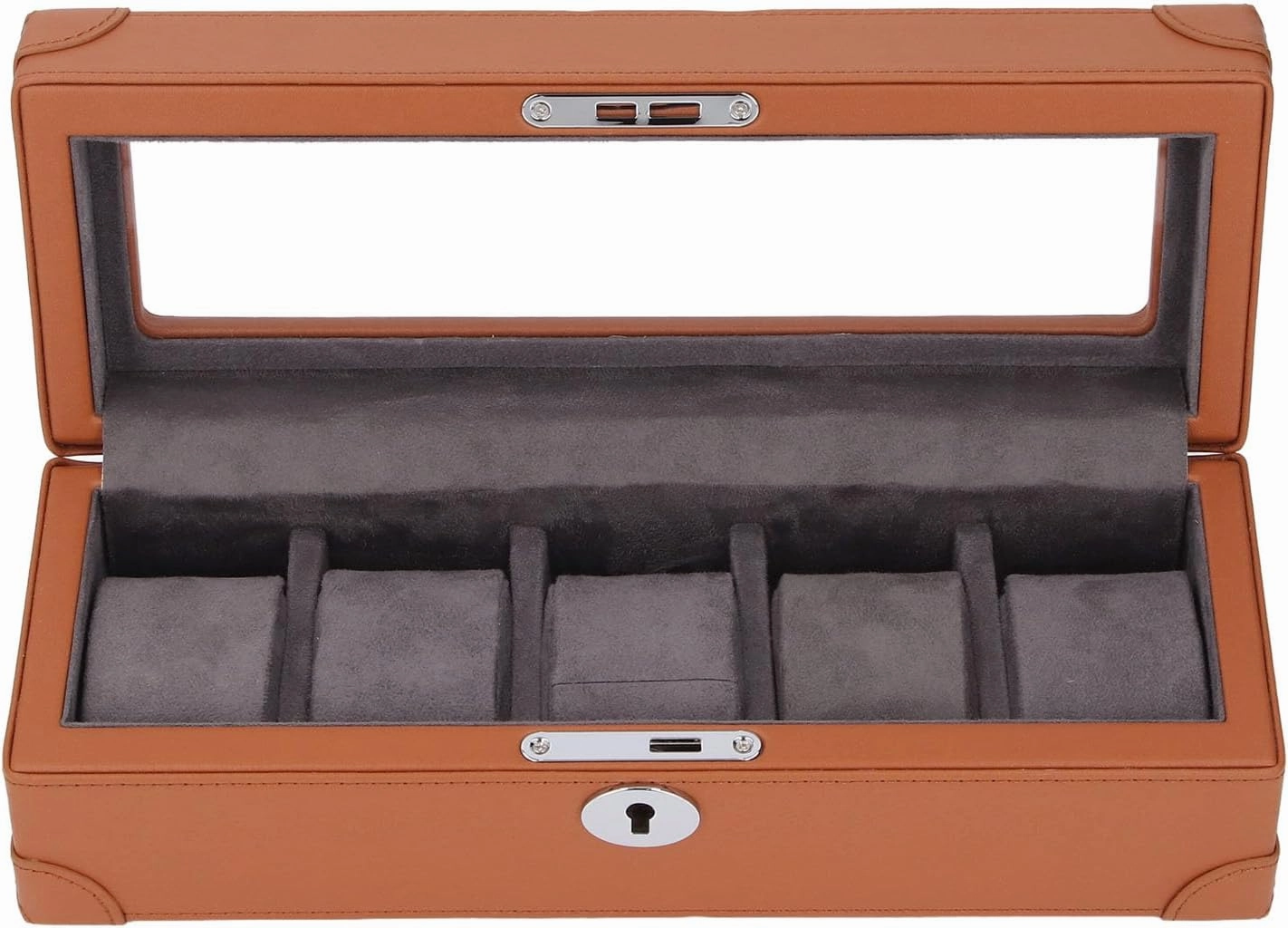 Watch Box with Glass Window Microfiber Leather Exquisite Soft Plush Lining 5 Slot Watch Case for Mechanical Watch (Brown)