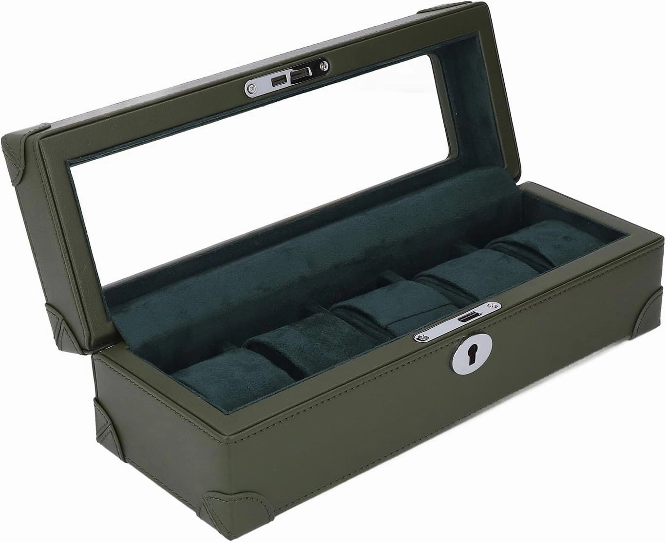 Watch Box with Glass Window Microfiber Leather Exquisite Soft Plush Lining 5 Slot Watch Case for Mechanical Watch (Green)
