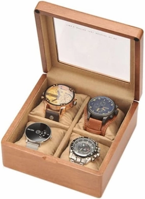 Watch Box Wooden Watch Box with Transparent Glass Top Cover, 4-Digit Storage Watch Box,Jewelry Storage Box Watch Accessories (Color : OneColor, Size : 17.5 * 17.5 * 8.5cm)