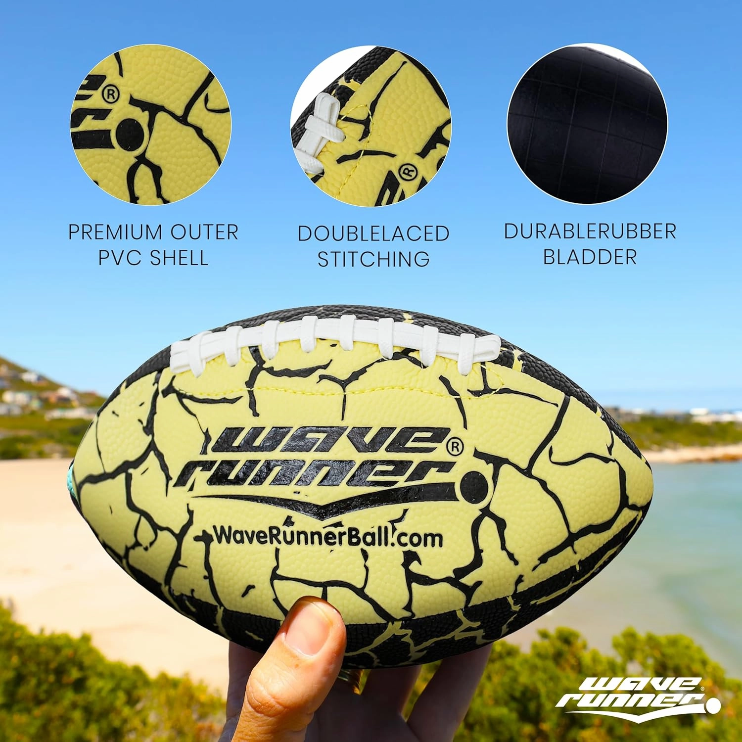 Wave Runner Grip It Waterproof Junior Size Football, 9.25 Size, Durable & Double Laced, Perfect for Beach Accessories, Kids Games, Pool Toys, Outdoor Games, All-Weather Indoor & Outdoor Play