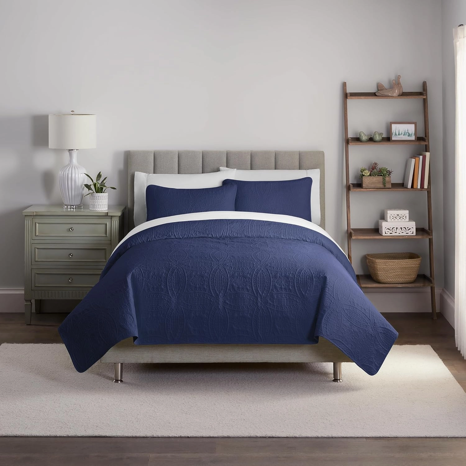 Waverly Traditions Vintage Medallion Pinsonic 3 Piece Quilted Solid Bedding Set, Full/Queen Bed Set with 2 Pillow Shams and Quilt, Lightweight and Machine Washable, Navy