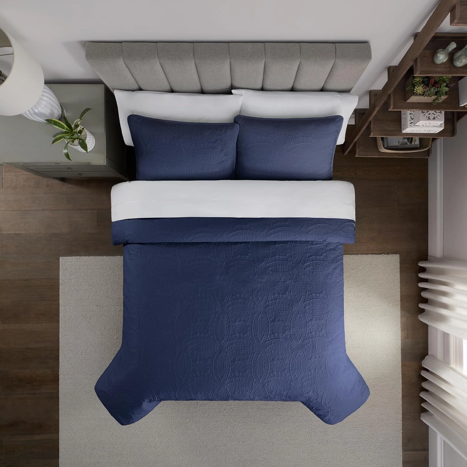 Waverly Traditions Vintage Medallion Pinsonic 3 Piece Quilted Solid Bedding Set, Full/Queen Bed Set with 2 Pillow Shams and Quilt, Lightweight and Machine Washable, Navy