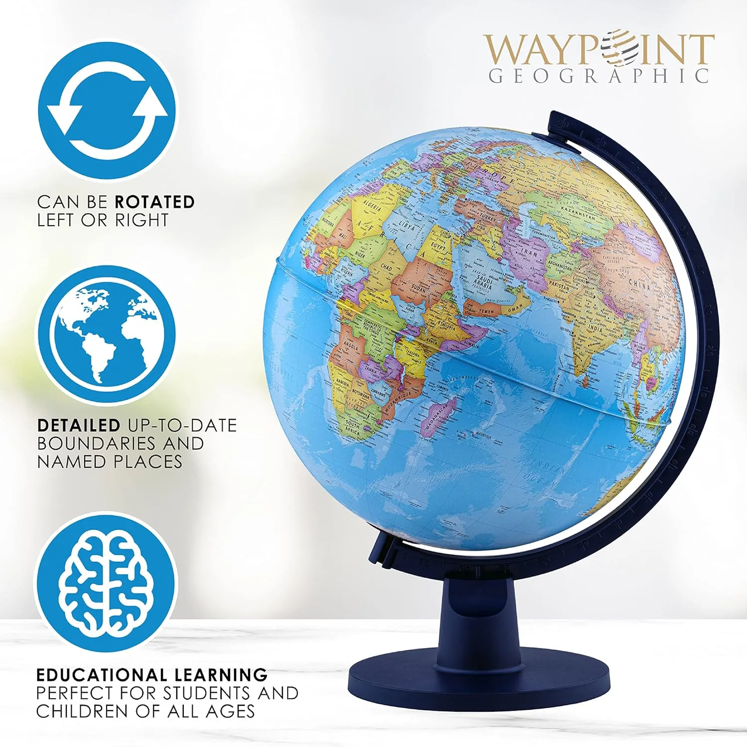 Waypoint Geographic Scout  World Globe for Kids - 12" Interactive Globe With Map, Decorative Classroom Stand, More Than 4000 Places, Bonus Map Included, Blue