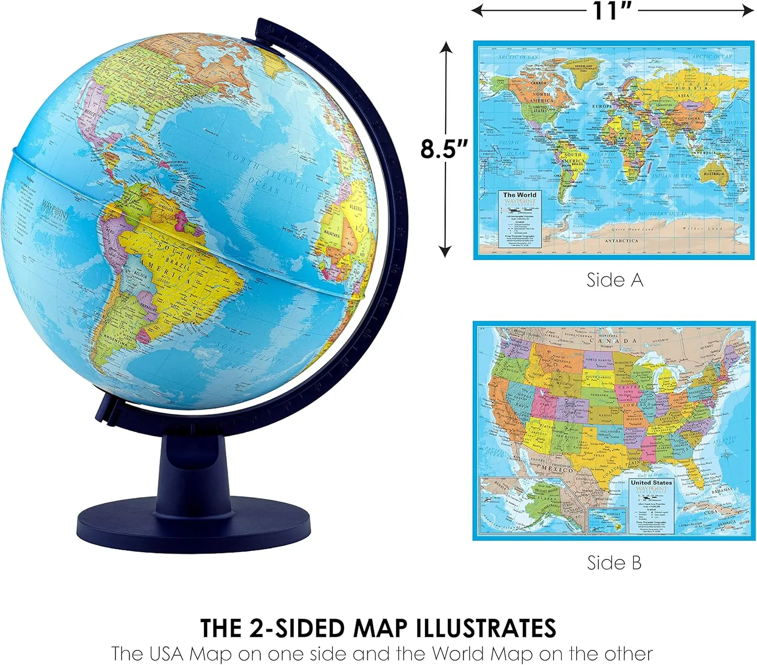 Waypoint Geographic Scout  World Globe for Kids - 12" Interactive Globe With Map, Decorative Classroom Stand, More Than 4000 Places, Bonus Map Included, Blue