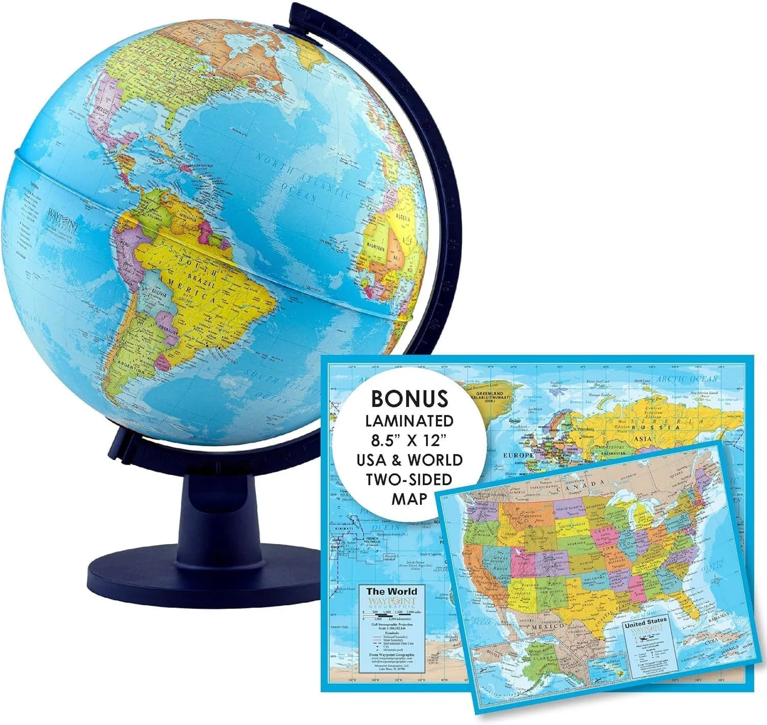 Waypoint Geographic Scout  World Globe for Kids - 12" Interactive Globe With Map, Decorative Classroom Stand, More Than 4000 Places, Bonus Map Included, Blue