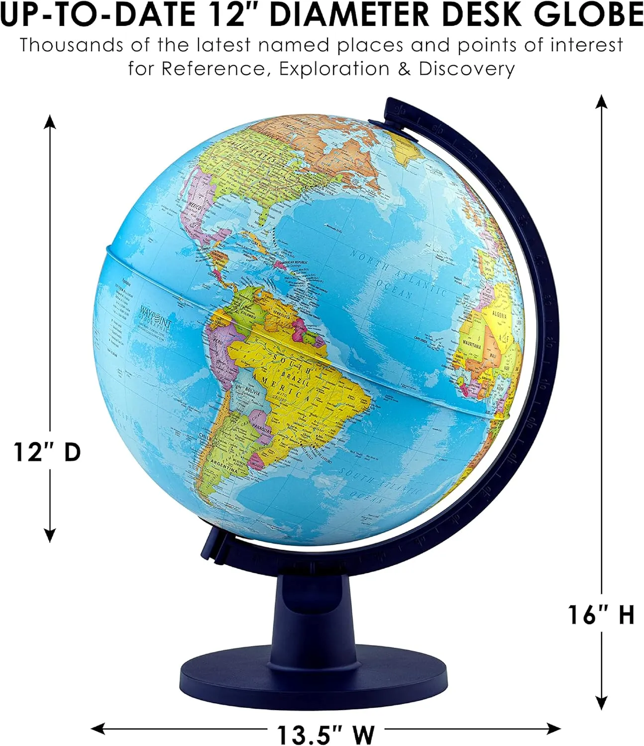 Waypoint Geographic Scout  World Globe for Kids - 12" Interactive Globe With Map, Decorative Classroom Stand, More Than 4000 Places, Bonus Map Included, Blue