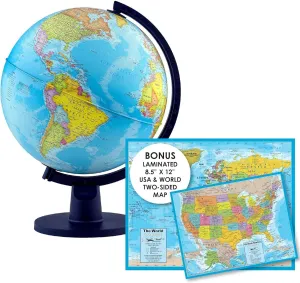 Waypoint Geographic Scout  World Globe for Kids - 12" Interactive Globe With Map, Decorative Classroom Stand, More Than 4000 Places, Bonus Map Included, Blue