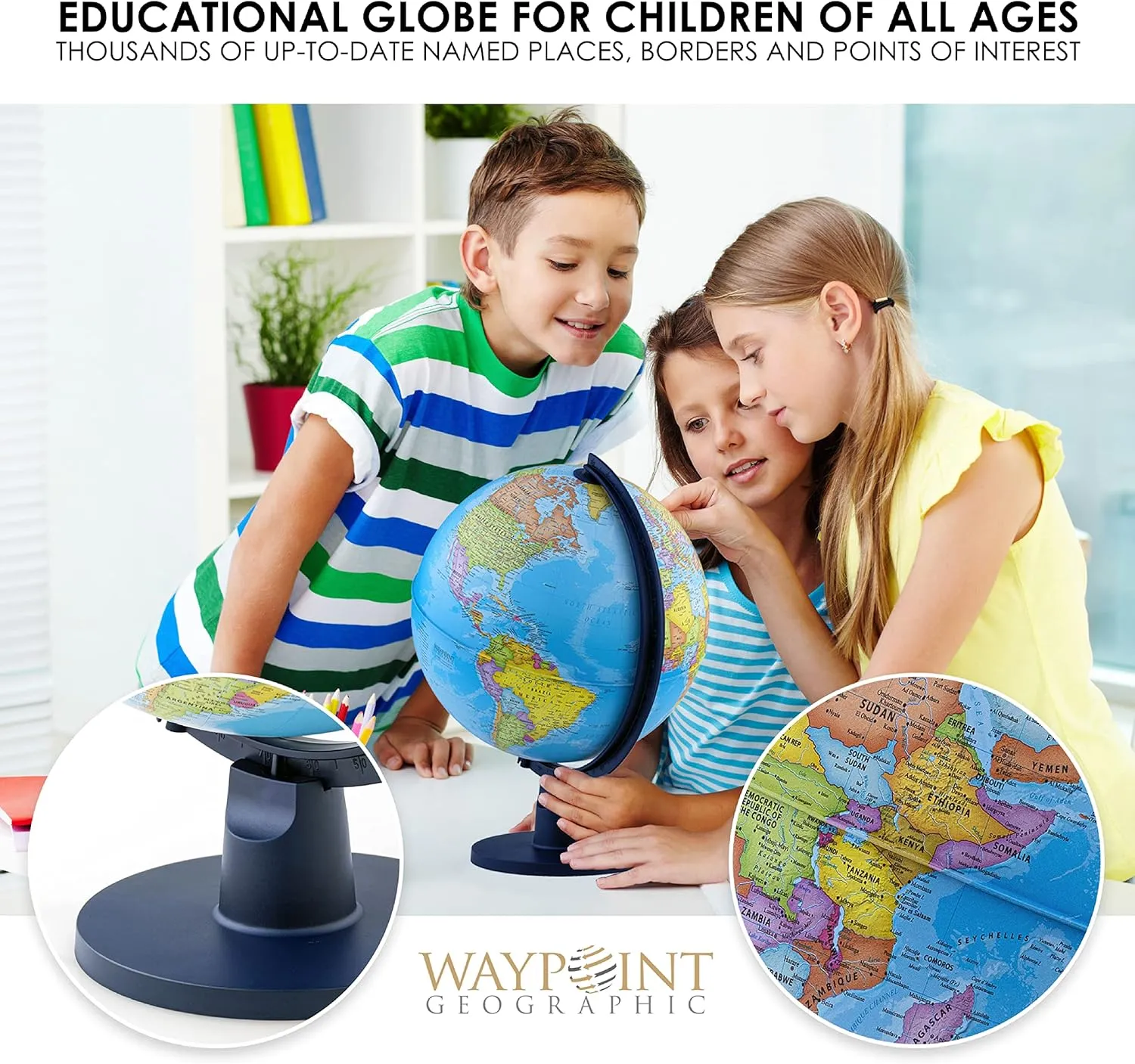 Waypoint Geographic Scout  World Globe for Kids - 12" Interactive Globe With Map, Decorative Classroom Stand, More Than 4000 Places, Bonus Map Included, Blue