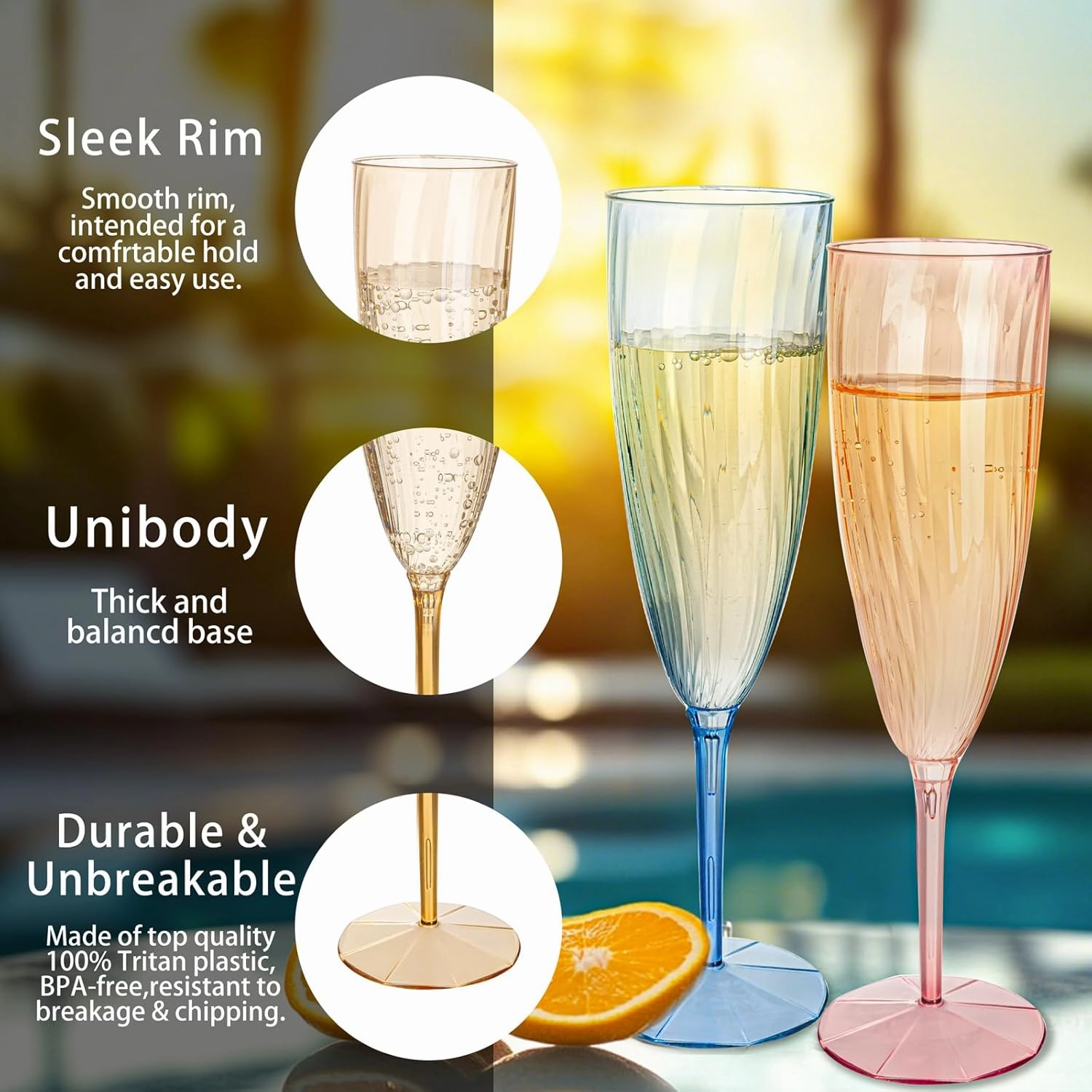 WDF 12PCS Colorful Plastic Champagne Flutes - 6 OZ Colorful Disposable Champagne Flutes - Perfect for Wedding/Parties/Birthday