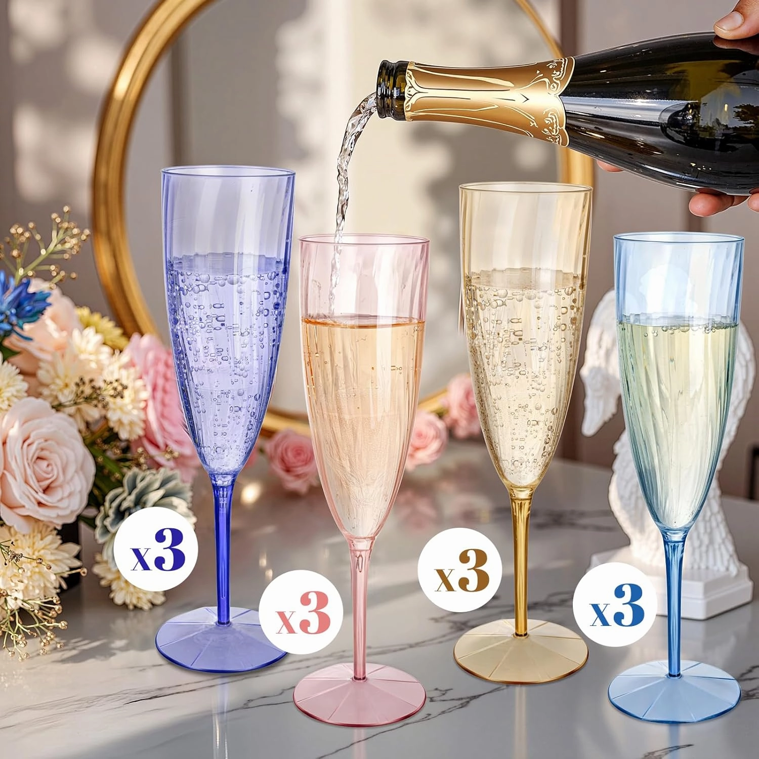WDF 12PCS Colorful Plastic Champagne Flutes - 6 OZ Colorful Disposable Champagne Flutes - Perfect for Wedding/Parties/Birthday