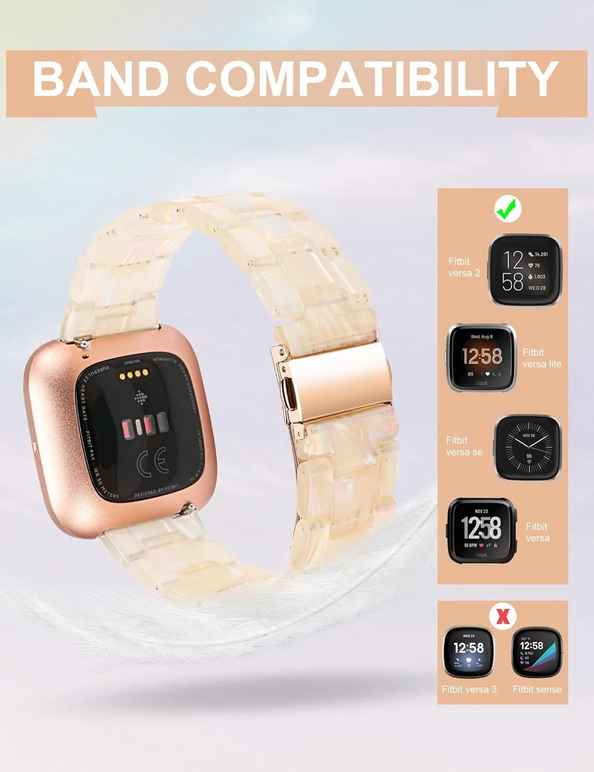 Wearlizer Resin Band Compatible with Fitbit Versa/Versa 2 /Versa Lite/Versa SE Bands for Women Men Lightweight Bracelet Replacement Wristband Strap for Versa 2 Smartwatch, Fluorescent White