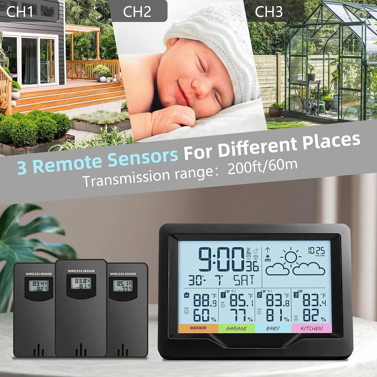 Weather Station Wireless Indoor Outdoor Thermometer Digital Atomic Clock with Multiple Sensors, Temperature and Humidity Monitor, Weather Thermometer for Forecast Stations with Backlight