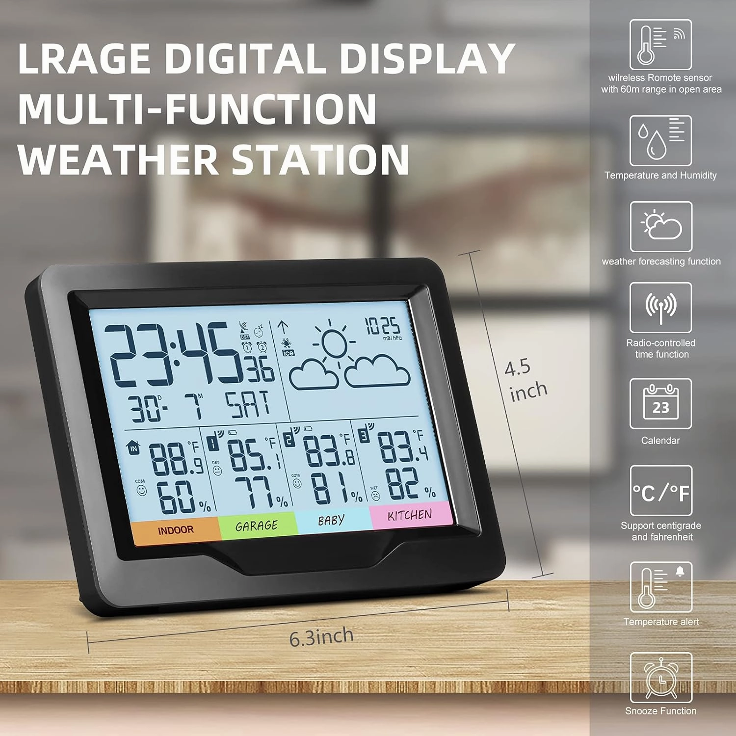 Weather Station Wireless Indoor Outdoor Thermometer Digital Atomic Clock with Multiple Sensors, Temperature and Humidity Monitor, Weather Thermometer for Forecast Stations with Backlight