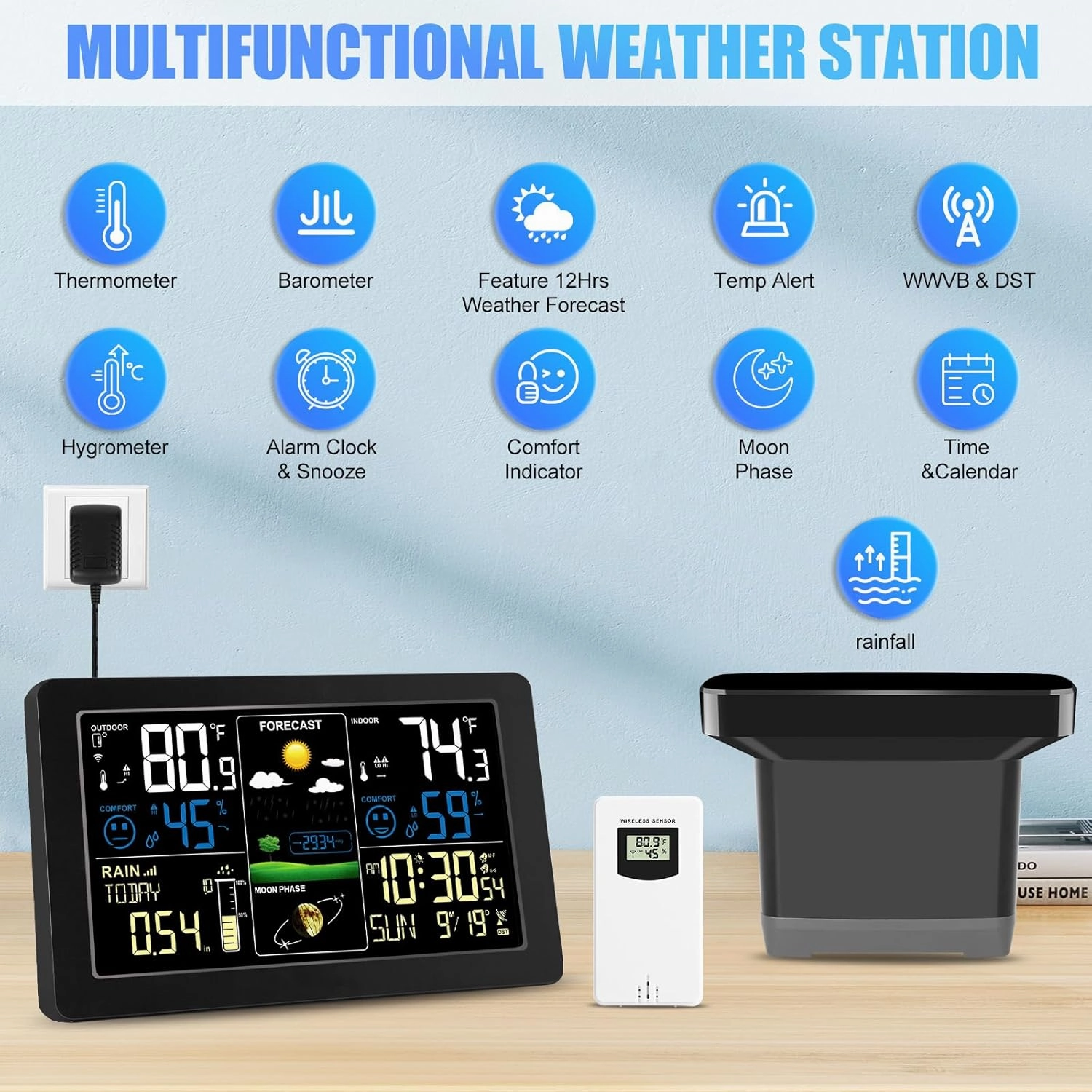 Weather Station with Rain Gauge, Wireless Digital Rain Gauge Outdoor, Home Weather Stations Wireless Indoor Outdoor with Thermometer, Barometer, Hygrometer, Atomic Clock, Weather Forecast and Alerts