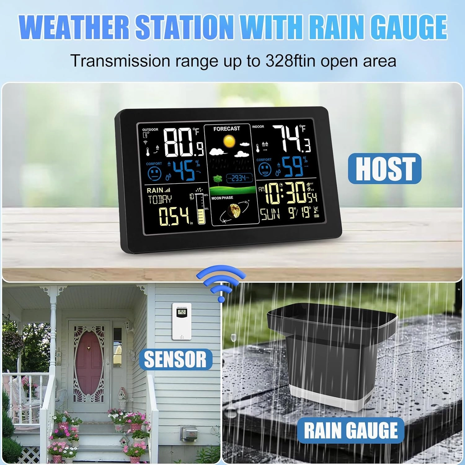 Weather Station with Rain Gauge, Wireless Digital Rain Gauge Outdoor, Home Weather Stations Wireless Indoor Outdoor with Thermometer, Barometer, Hygrometer, Atomic Clock, Weather Forecast and Alerts