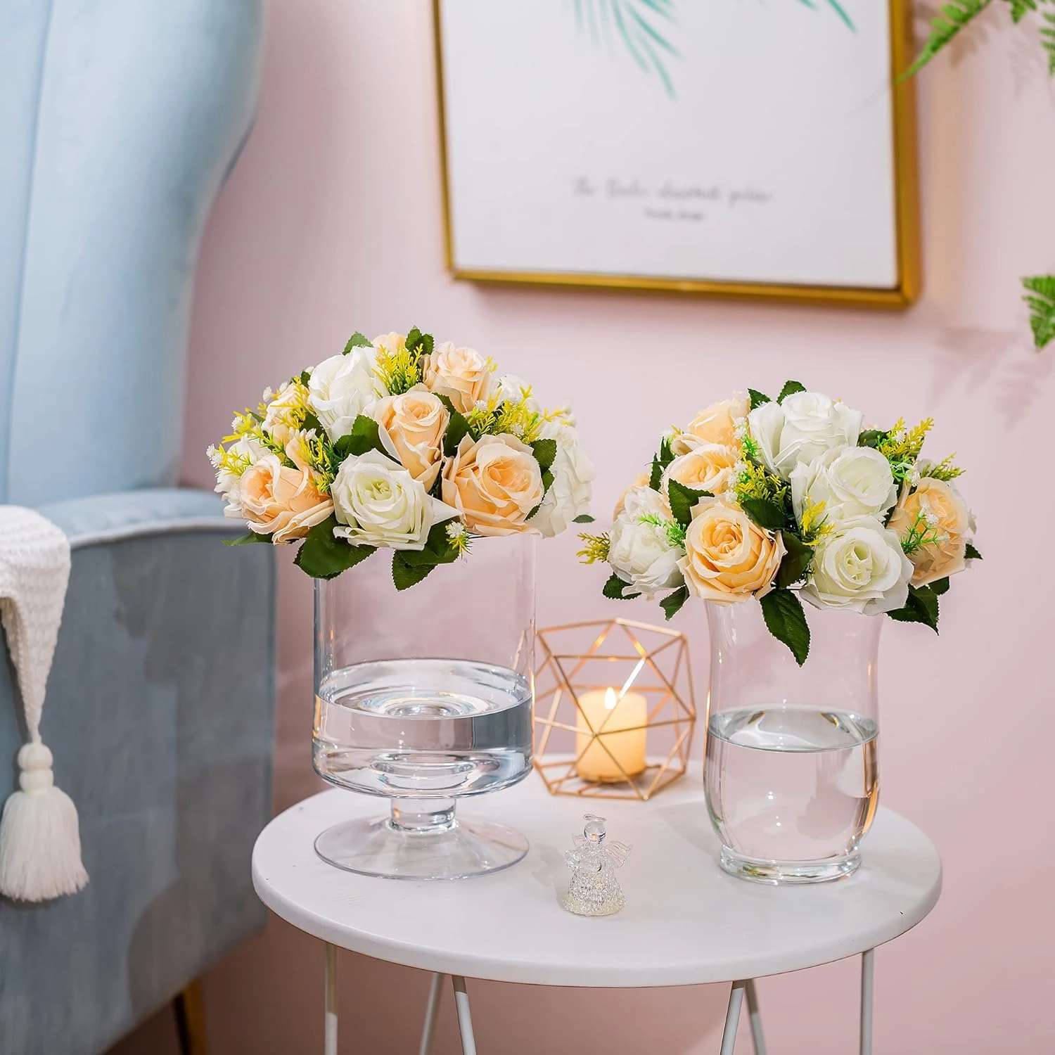 Wedding Flower Balls for Centerpieces - 2 Pcs Artificial Flower Ball Arrangement Bouquet, Fake Flowers Rose Balls for Weddings, Birthday Party, Home Decor, Peachy Champagne & White