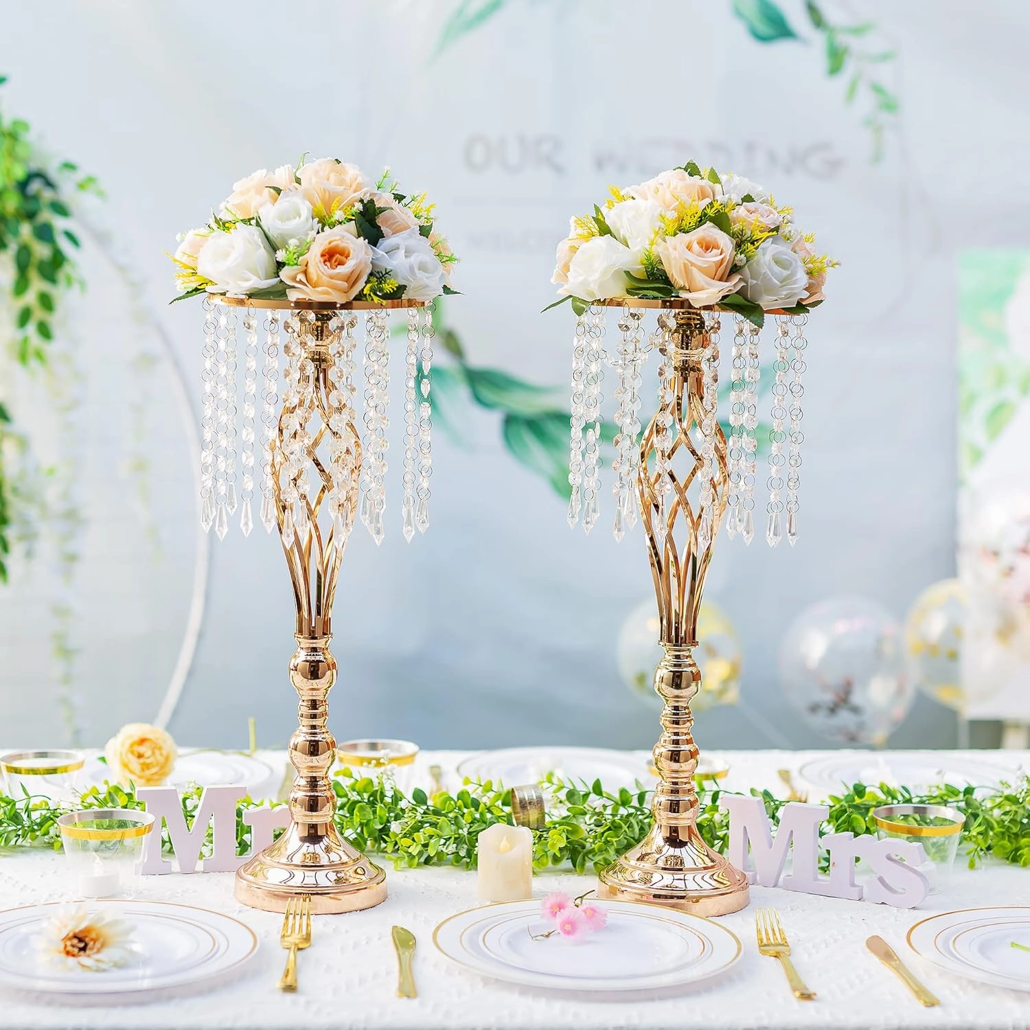 Wedding Flower Balls for Centerpieces - 2 Pcs Artificial Flower Ball Arrangement Bouquet, Fake Flowers Rose Balls for Weddings, Birthday Party, Home Decor, Peachy Champagne & White