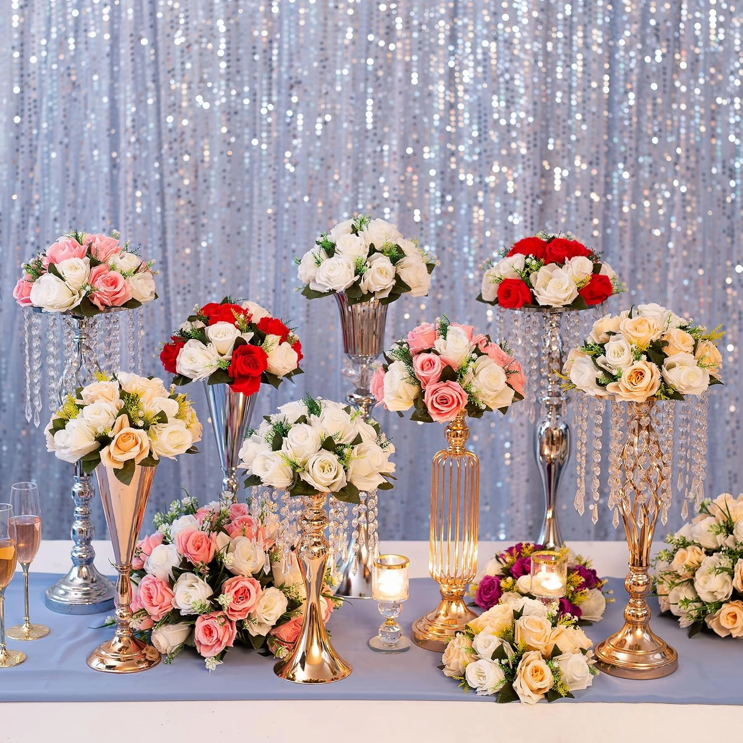 Wedding Flower Balls for Centerpieces - 2 Pcs Artificial Flower Ball Arrangement Bouquet, Fake Flowers Rose Balls for Weddings, Birthday Party, Home Decor, Peachy Champagne & White