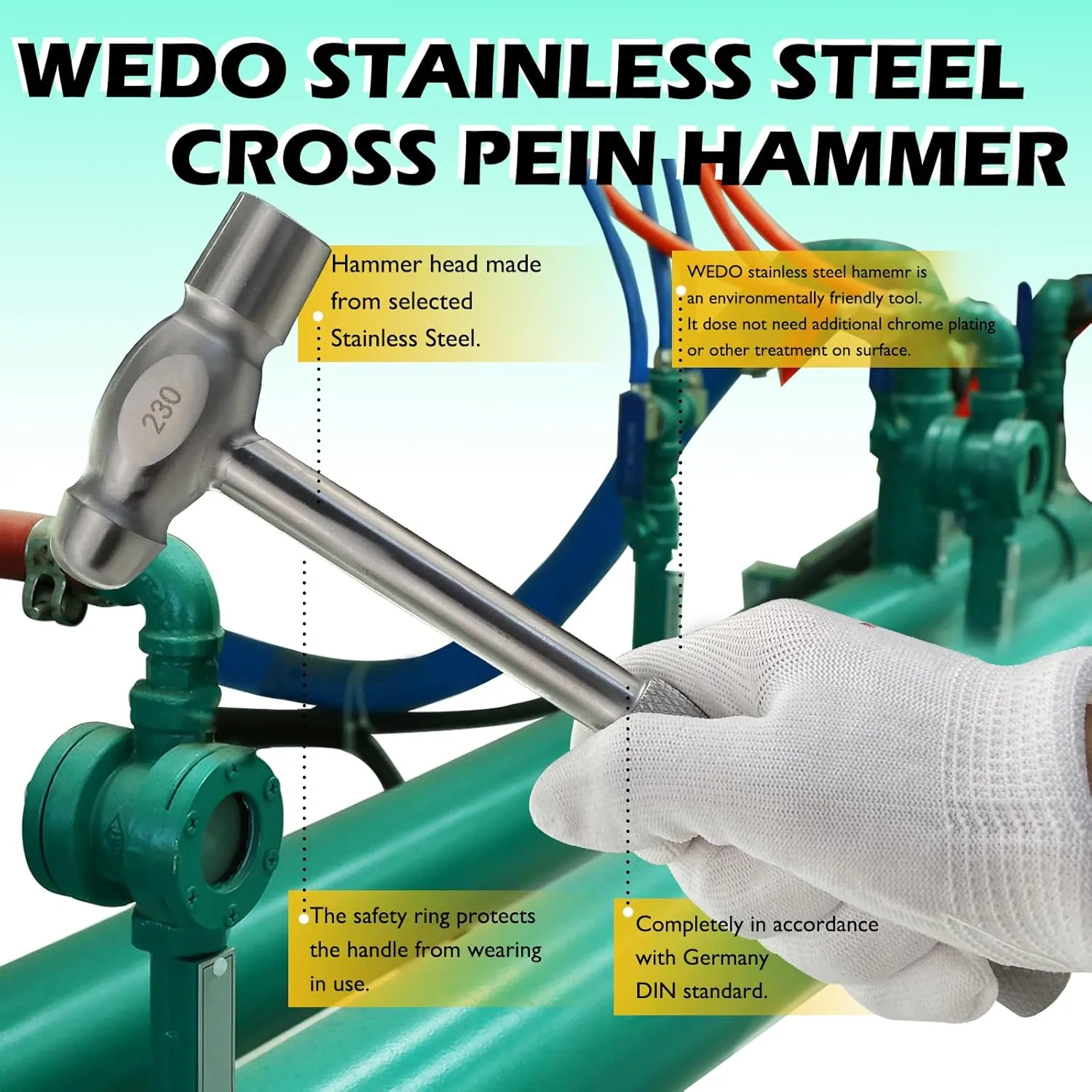 WEDO Stainless Ball Pein Hammer with Stainless Steel Handle, Corrosion Resistant, Rust Proof, Durable, Environmental friendly, 680g, 330mm, 13"