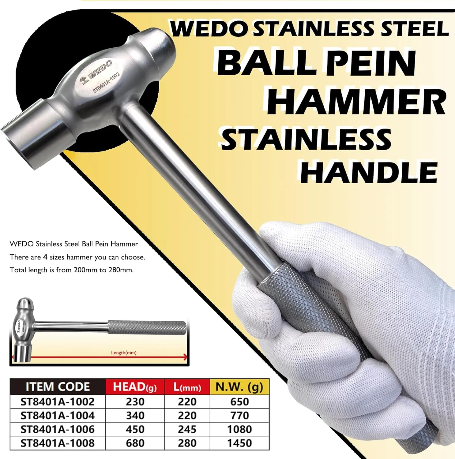 WEDO Stainless Ball Pein Hammer with Stainless Steel Handle, Corrosion Resistant, Rust Proof, Durable, Environmental friendly, 680g, 330mm, 13"