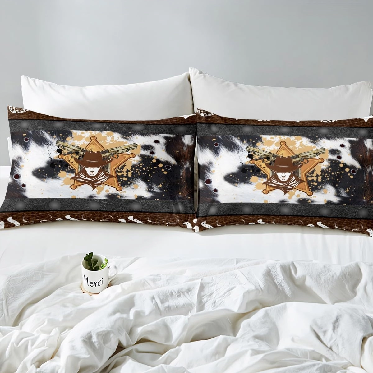 Western Fitted Sheet Queen Size, Abstract Black White Brown Cowhide Print Bedding Set 3pcs, Cowboy Hats Horseshoes Bull Skull Bed Cover with 2 Pillowcases, Kids Boy Room Decor, No Top Sheet