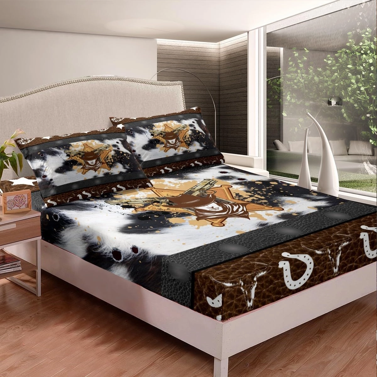 Western Fitted Sheet Queen Size, Abstract Black White Brown Cowhide Print Bedding Set 3pcs, Cowboy Hats Horseshoes Bull Skull Bed Cover with 2 Pillowcases, Kids Boy Room Decor, No Top Sheet