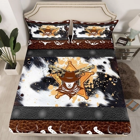 Western Fitted Sheet Queen Size, Abstract Black White Brown Cowhide Print Bedding Set 3pcs, Cowboy Hats Horseshoes Bull Skull Bed Cover with 2 Pillowcases, Kids Boy Room Decor, No Top Sheet