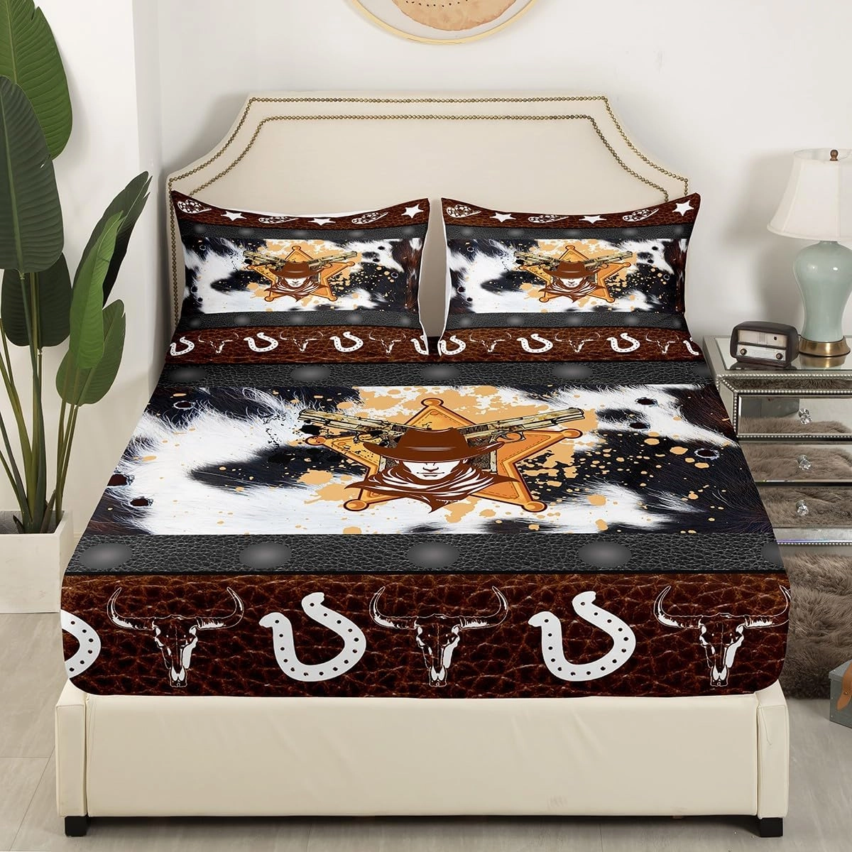 Western Fitted Sheet Queen Size, Abstract Black White Brown Cowhide Print Bedding Set 3pcs, Cowboy Hats Horseshoes Bull Skull Bed Cover with 2 Pillowcases, Kids Boy Room Decor, No Top Sheet