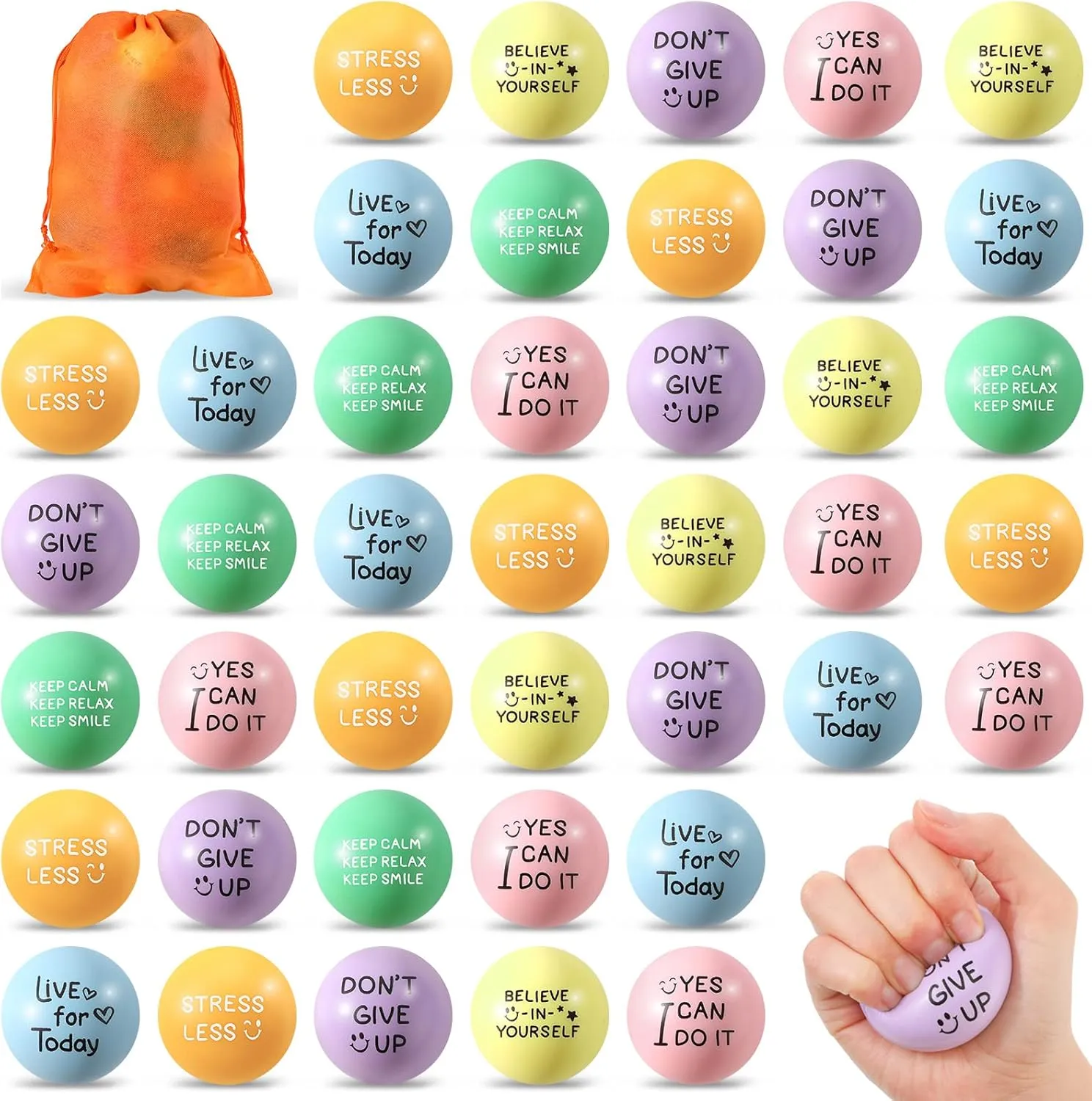 Wettarn 60 Pieces Motivational Stress Balls 1.97 Inch Inspirational Encouraging Anxiety Stress Relief Foam Balls with Quotes Hand Exercise Squeeze Fidget Accessory(Pastel Colors)