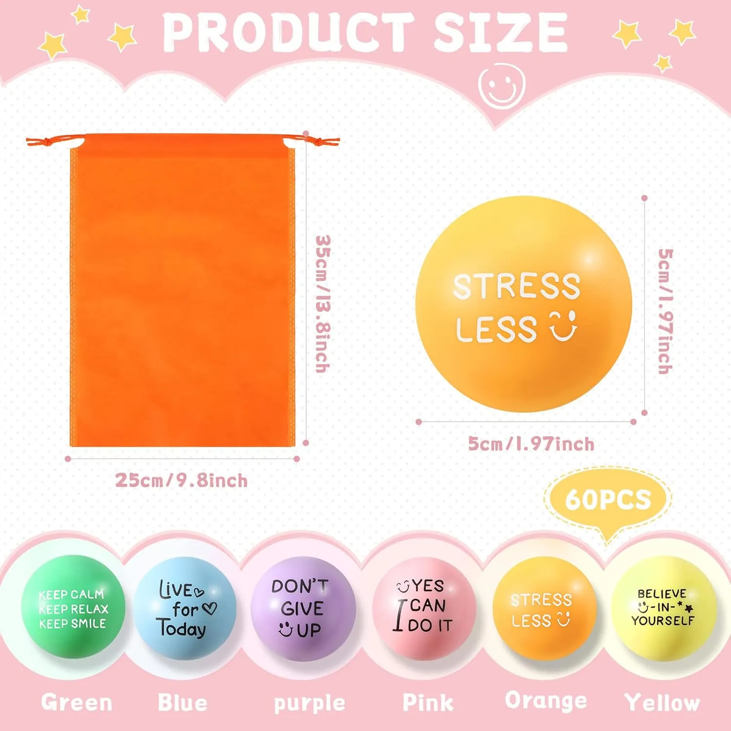 Wettarn 60 Pieces Motivational Stress Balls 1.97 Inch Inspirational Encouraging Anxiety Stress Relief Foam Balls with Quotes Hand Exercise Squeeze Fidget Accessory(Pastel Colors)