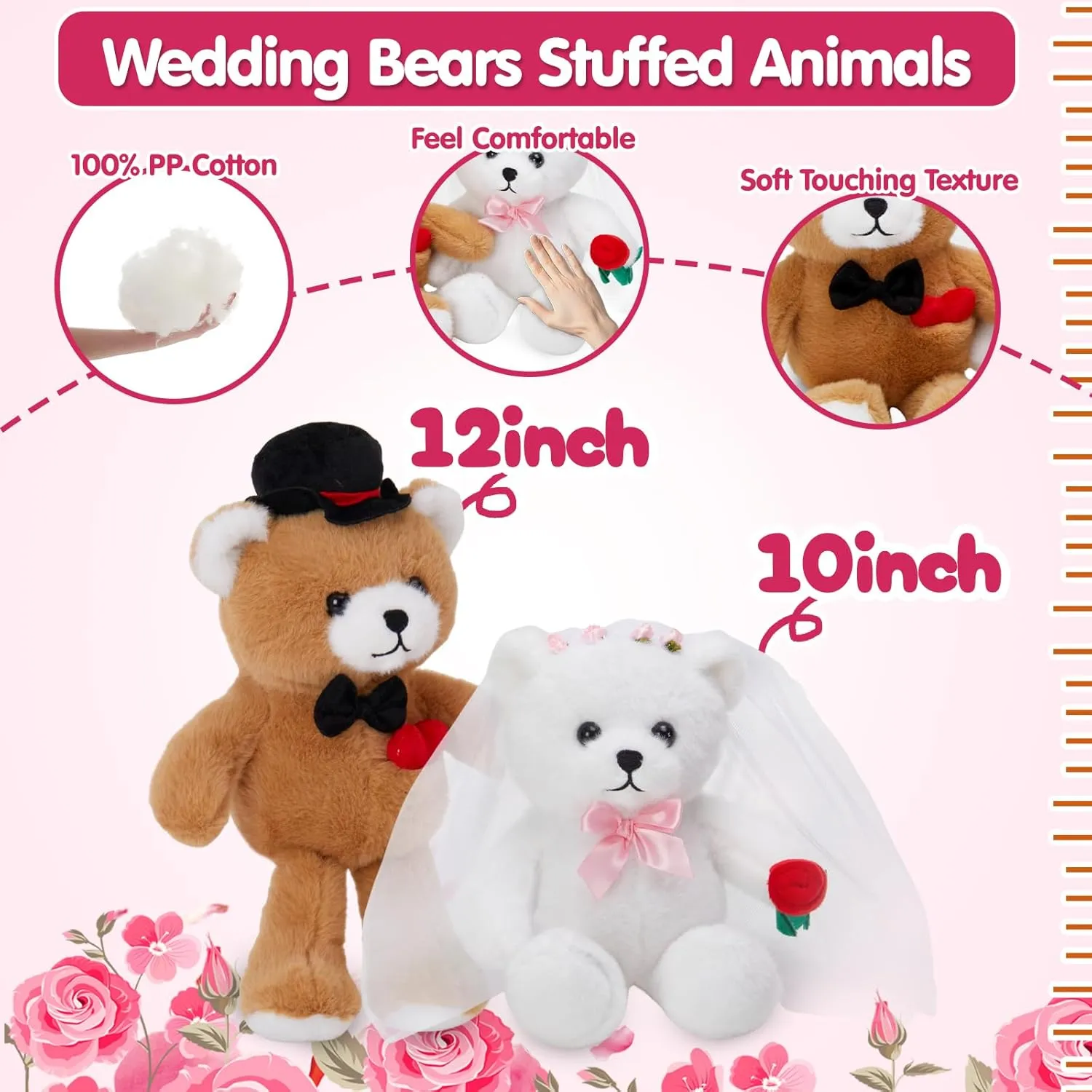 WEWILL 2 Piece 10 Inch Wedding Teddy Bears Stuffed Animals Bride & Groom Plush Dolls with Clothing Cute Wedding Proposal Gifts, Perfect for Anniversary, Wedding, Valentine Decor