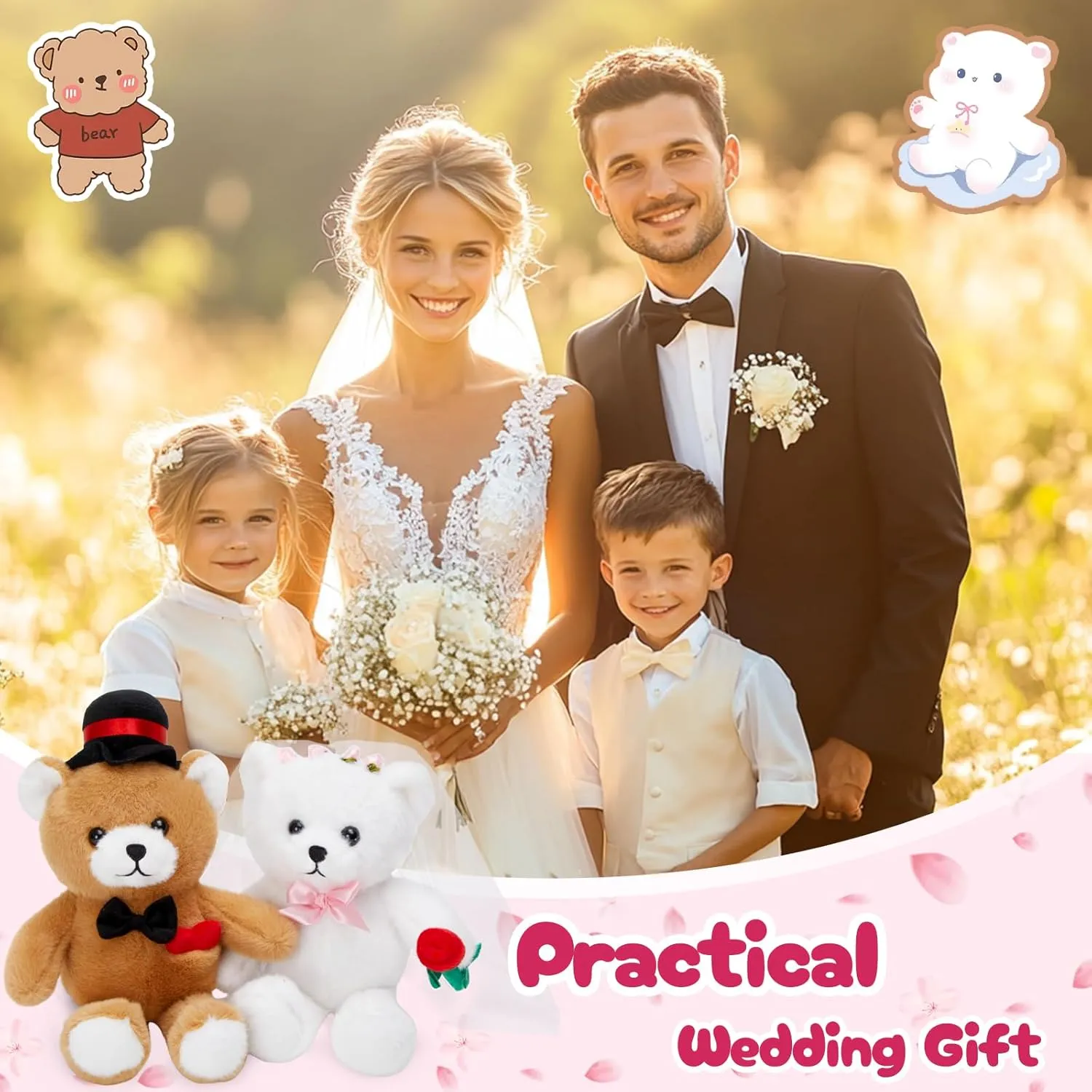 WEWILL 2 Piece 10 Inch Wedding Teddy Bears Stuffed Animals Bride & Groom Plush Dolls with Clothing Cute Wedding Proposal Gifts, Perfect for Anniversary, Wedding, Valentine Decor