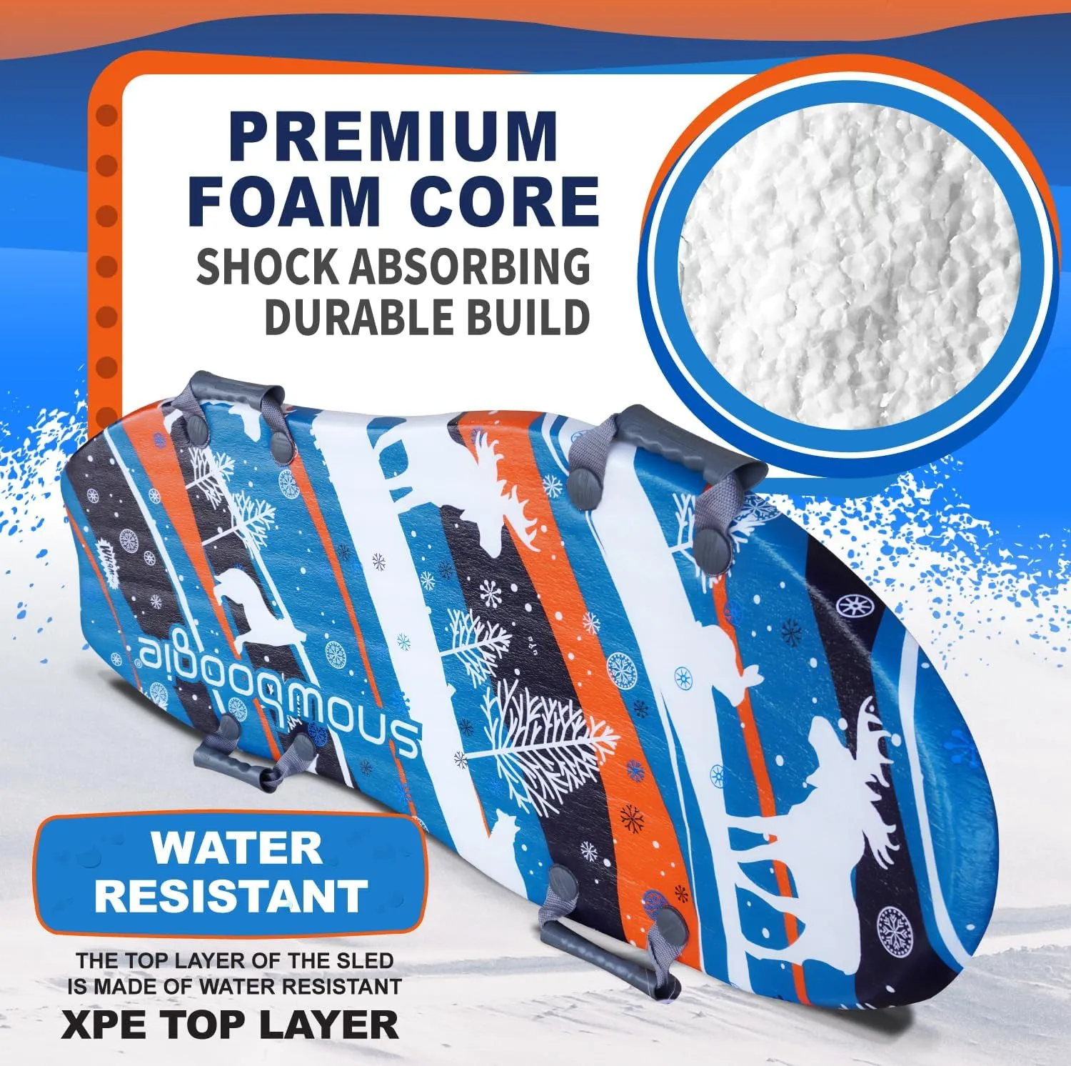 Wham-O Snowboogie Alpine Rocket 48" | Double Rider Foam Snow Sleds | PE Foam Core Sled with Soft Handles | Slick Bottom for Speed & Control | Snow Sledding for Adults & Children