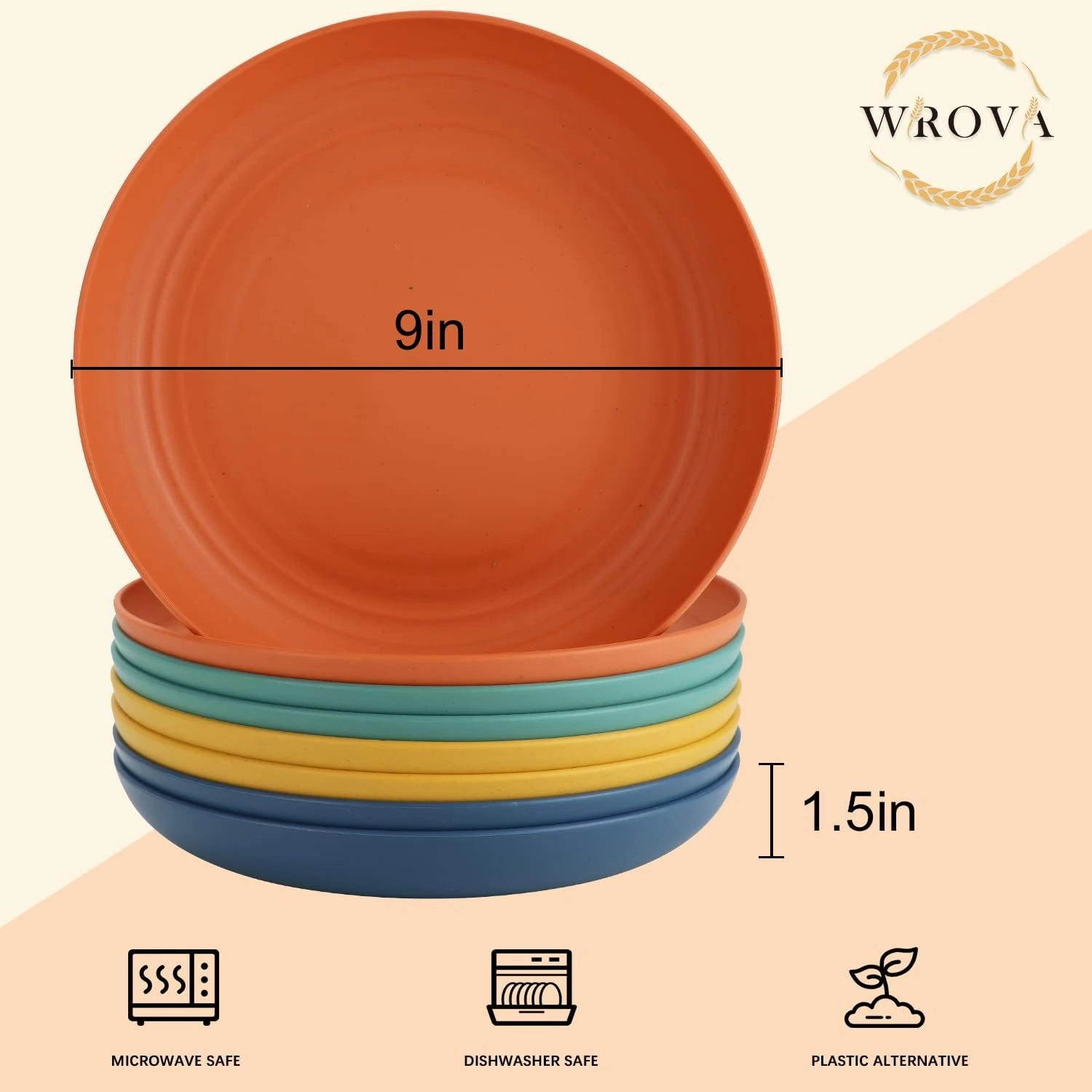 Wheat Straw Plates - 9 Inch Unbreakable Dinner Plates Set of 8 - Dishwasher & Microwave Safe Plastic Plates Reusable - Lightweight Plates for kitchen,camping (Colorful Series)